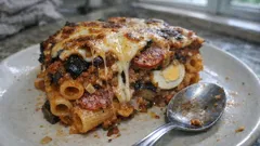 Pasta ’ncasciata: a Sicilian baked rigatoni with eggplant, salami, and a bubbly cheese top