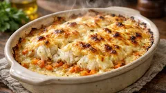French-style baked fish with creamy Dijon sauce and a bubbly cheese top