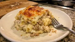 Pasta al Forno with White Ragù—creamy baked rigatoni with a crisp Parmesan top