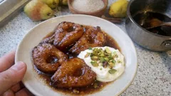 Caramelized Pears in Brandy-Cinnamon Syrup—Finished with Yogurt and Pistachios