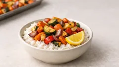 Oil-free roasted vegetables and rice bowl for an easy weeknight dinner